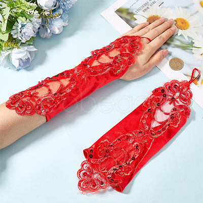 Polyester Long Paillette Embroidery Lace Gloves AJEW-WH20006-119C-1