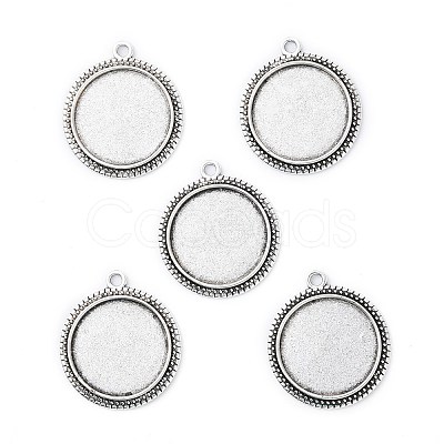 Tibetan Style Antique Silver Alloy Flat Round Pendant Cabochon Settings X-TIBEP-M022-34AS-1