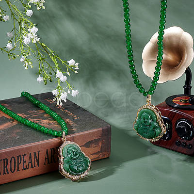 2Pcs Alloy Glass Buddha Pendant 6MM Round Glass Beaded Necklaces NJEW-ME0001-15-1