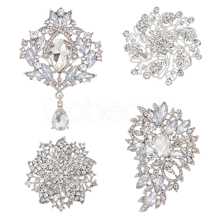 4Pcs 4 Style Rhinestone Flower Brooch Pins JEWB-AN0001-04-1