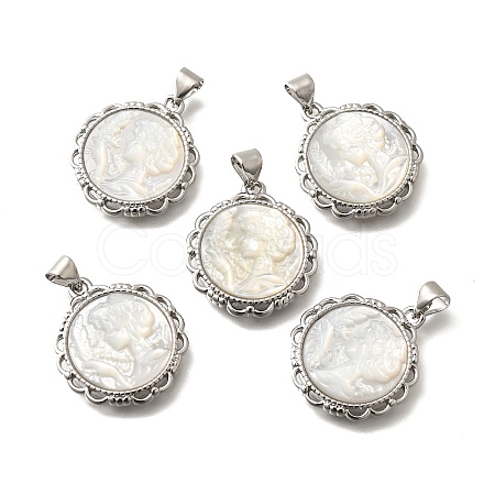 Brass with Natural Shell Carved Pendants KK-Z091-05P-01-1