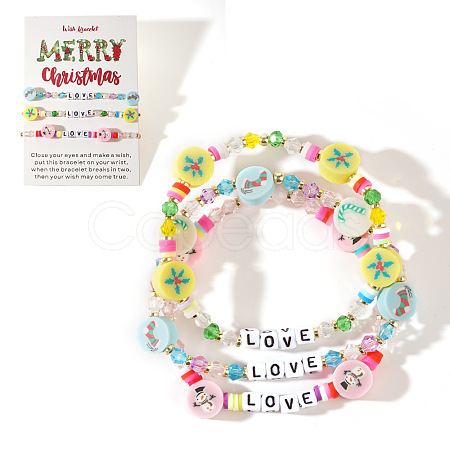 3Pcs Christmas Theme Handmade Polymer Clay & Glass Bicone Beads Stretch Bracelet Sets QY3550-10-1