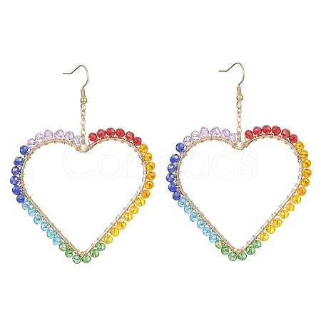 Brass Heart with Glass Beaded Dangle Earrings EJEW-JE05337-1