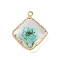 Brass Resin Pendants, with Dried Flower, Real 14K Plated, Long-Lasting Plated, Rhombus, Turquoise, 22x19x7.5mm, Hole: 1.8mm