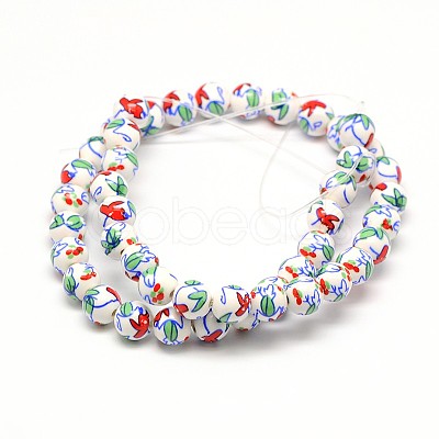 Handmade Flower Printed Porcelain Ceramic Beads Strands PORC-M006-8mm-M-1