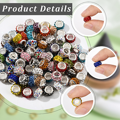 80Pcs Polymer Clay Rhinestone European Large Hole Beads with Silver Color Plated Brass Cores FPDL-LT0001-02F-1