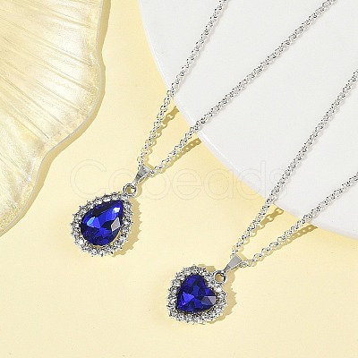 2Pcs 2 Styles Alloy Glass Teardrop Heart Pendant 304 Stainless Steel Rolo Chain Necklaces for Women NJEW-JN06499-1