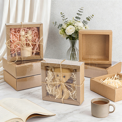 Square Folding Cardboard Kraft Paper Packing Drawer Boxes with Clear Plastic Cover CON-WH0100-57C-1