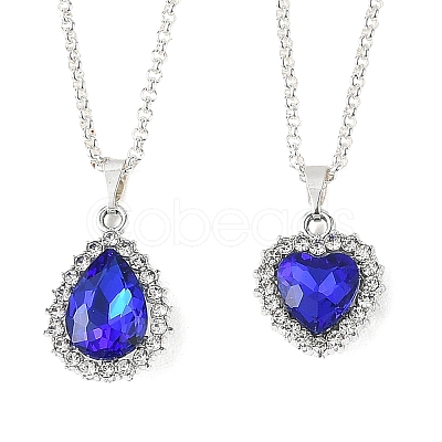 2Pcs 2 Styles Alloy Glass Teardrop Heart Pendant 304 Stainless Steel Rolo Chain Necklaces for Women NJEW-JN06499-1