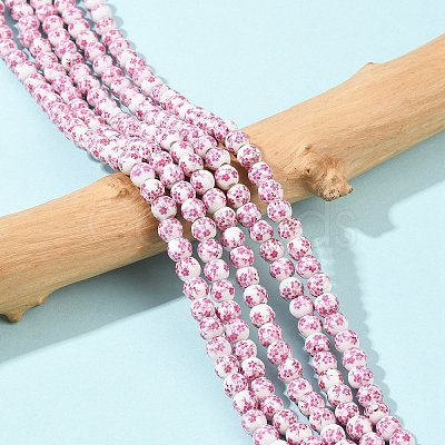 Handmade Flower Printed Porcelain Ceramic Beads Strands PORC-M005-6mm-03-1