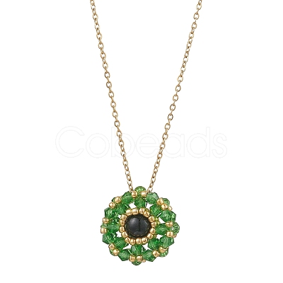 Dyed Natural Green Tiger Eye & Glass Seed Beaded Flat Round Pendant 304 Stainless Steel Cable Chain Necklaces NJEW-MZ00129-05-1