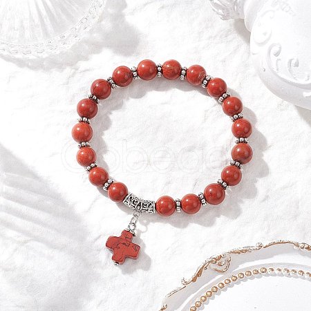 Natural Red Jasper Cross Charm Bracelets BJEW-JB12259-02-1
