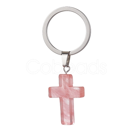 Synthetic Cherry Quartz Glass Keychains KEYC-JKC00729-01-1