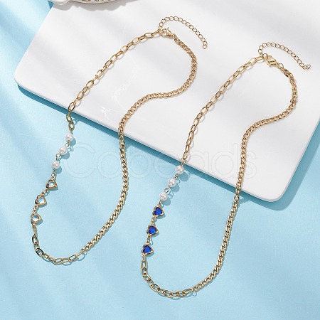 2Pcs 2 Colors Round White Shell Pearl & Heart 304 Stainless Steel Glass Link Chain Necklaces for Women NJEW-JN05594-1