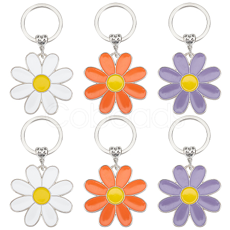 6Pcs 3 Colors Daisy Alloy Enamel Pendant Keychain KEYC-HY0001-18-1