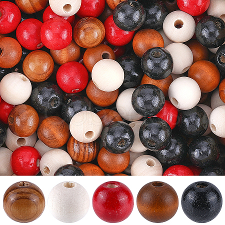 250Pcs 5 Styles Round Natural Wood Beads WOOD-SP0001-13-1
