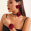 Rose Faux Suede with Satin Fabric Pendant Choker Necklace & Stud Earring & Bracelet FS-WG3A334-01-2