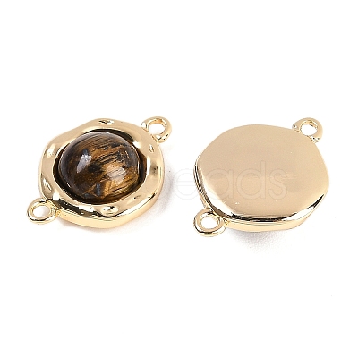 Brass Pave Natural Tiger Eye Flat Round Links Connector Charms KK-U043-45G-C-1