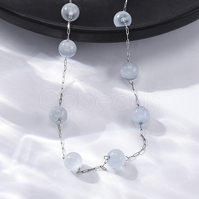 304 Stainless Steel Cat Eye Round Beads Handmade Chain Necklaces for Women NJEW-C073-01P-06-1