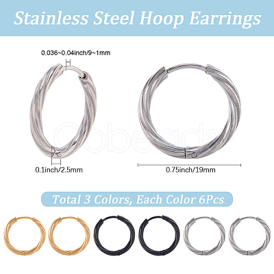 18Pcs 3 Colors 303 Stainless Steel Twist Hoop Earrings for Women EJEW-SC0001-81A-1