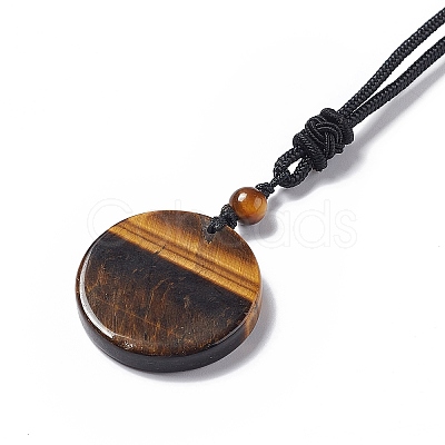 Natural Tiger Eye Flat Round with Flower of Life Pendant Necklace with Nylon Cord for Women NJEW-P274-02-01-1