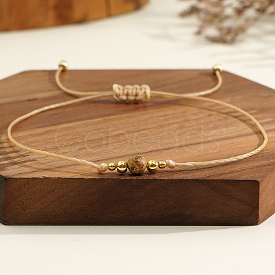 Casual Brass Bead Khaki Wax Thread Semi-Precious Natural Gemstone Bracelets Sets JA4012-1