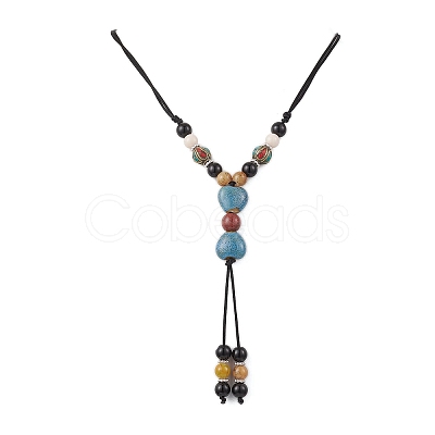 Retro Glass & Porcelain & Alloy Adjustable Nylon Cord Y Necklaces for Women NJEW-JN05360-02-1
