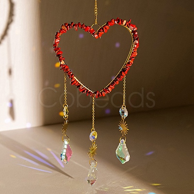 Heart Natural Red Jasper Chips Hanging Ornaments HJEW-G024-01F-1