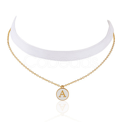 Alloy White Enamel Flat Round with Letter A Pendant Single Face Velvet Ribbon & 304 Stainless Steel Chain Double Layered Necklaces for Women NJEW-TAC0040-1