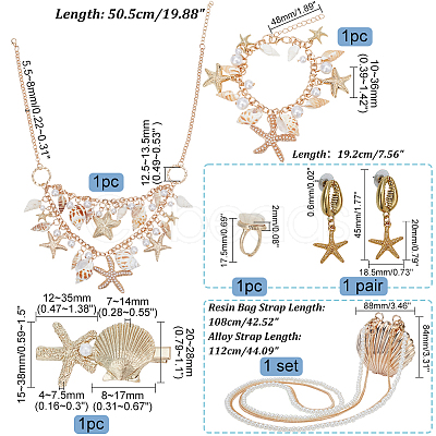 PandaHall Elite Natural Shell & Alloy Starfish Charm Bracelet & Bib Necklace & Adjustable Ring & Dangle Stud Earrings & Aligator Hair Clip & Mini Crossbody Bags SJEW-PH0001-11-1