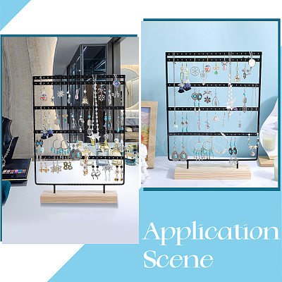 1 Set 5-Tier Rectangle Iron Jewelry Dangle Earring Organizer Holder with Wooden Base EDIS-SC0001-07A-1