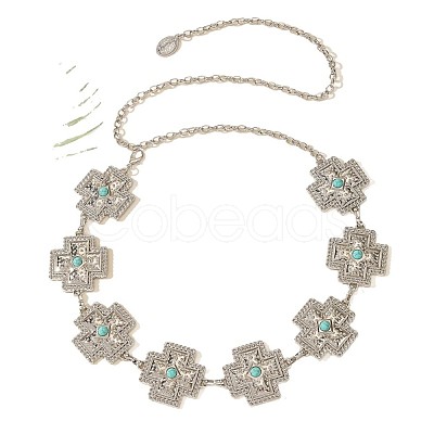 Alloy with Dyed Synthetic Turquoise Cross Link Chain Waist Chains for Women FS-WG34991-01-1