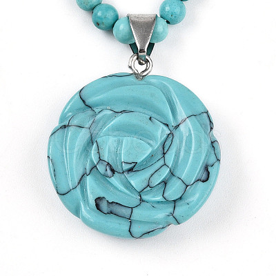Synthetic Turquoise 4.5mm Round Beaded Flower Pendant Necklaces NJEW-T016-04G-1
