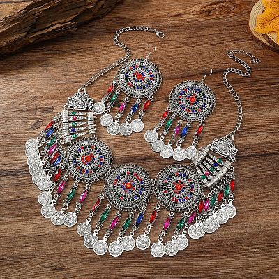 Flat Round Alloy Rhinestone Pendant Necklaces & Dangle Earrings Sets for Women FS-WG4A221-05-1