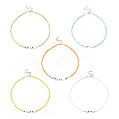 5Pcs 5 Style Glass & Plastic Word Beaded Necklaces Set NJEW-JN04316-1