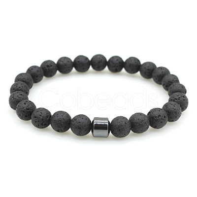 Synthetic Lava Rock Round Beaded Stretch Bracelets for Men Women FS-WG77712-01-1