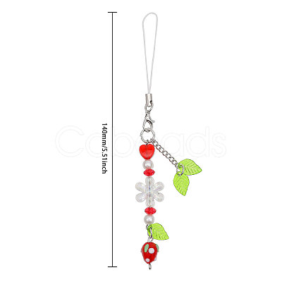 Strawberry & Leaf & Flower Handmade Lampwork Mobile Straps HJEW-WH0007-31-1