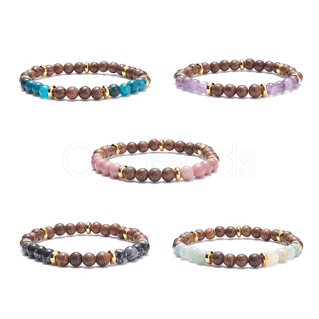 Natural Wenge Wood & Gemstone Round Beaded Stretch Bracelet for Women BJEW-JB07544-1