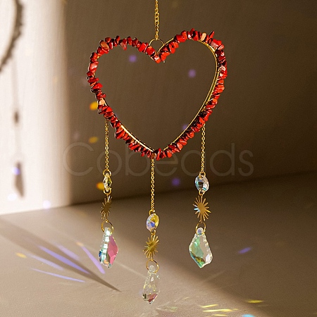 Heart Natural Red Jasper Chips Hanging Ornaments HJEW-G024-01F-1