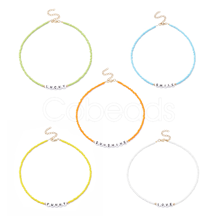 5Pcs 5 Style Glass & Plastic Word Beaded Necklaces Set NJEW-JN04316-1