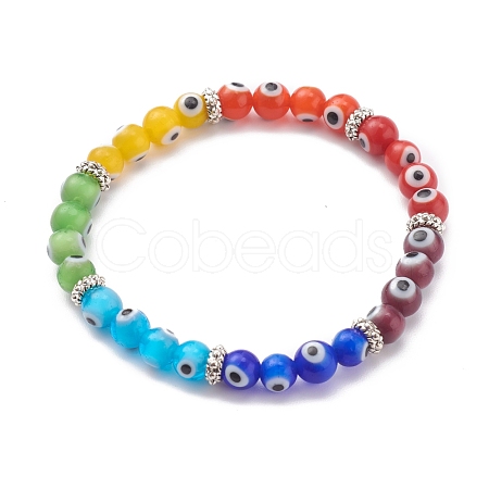 Rainbow Round Evil Eye Lampwork Stretch Beaded Bracelets for Kids X-BJEW-JB05940-1