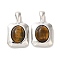 Natural Tiger Eye Pendants, Brass Rectangle Charms, Platinum, 19x11x6mm, Hole: 4x2mm