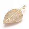 Brass Micro Pave Cubic Zirconia Pendants, Real 18K Gold Plated, Leaf, 41.5x23x5mm, Hole: 2x4mm