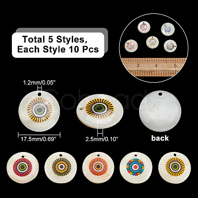 50Pcs 5 Colors Printed Natural Freshwater Shell Pendants SHEL-AR0001-10-1