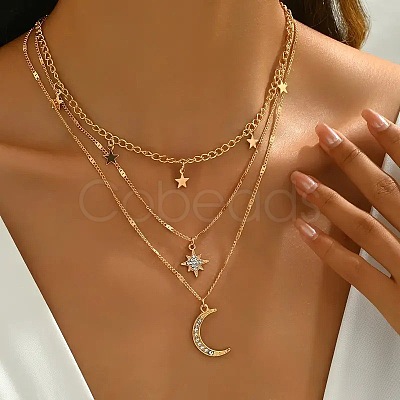 Moon Star Alloy Crystal Rhinestone Pendant 3 Layer Necklaces for Women FS-WG5D7AF-01-1