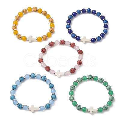 Natural Lava Rock & Malaysia Jade Round Beaded Stretch Bracelets BJEW-JB13452-1