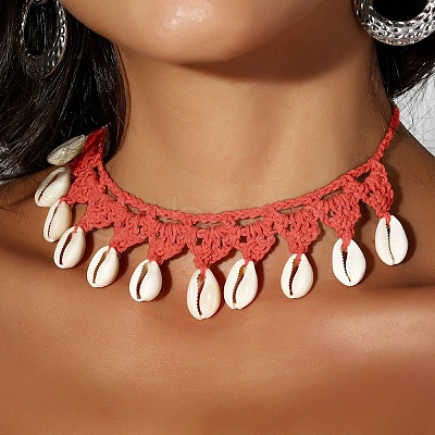 Bohemian Handmade Woven Polyester Cord Natural Cowrie Shell Tassel Choker Necklaces for Women FS-WGB5F2D-10-1