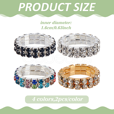 8Pcs 4 Colors Rhinestone Elastic Finger Rings for Women RJEW-ME0001-03-1