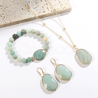 Oval Alloy with Natural Flower Amazonite Pendant Necklaces & Beaded Bracelets & Dangle Earrings Sets WGD3DFC-01-1
