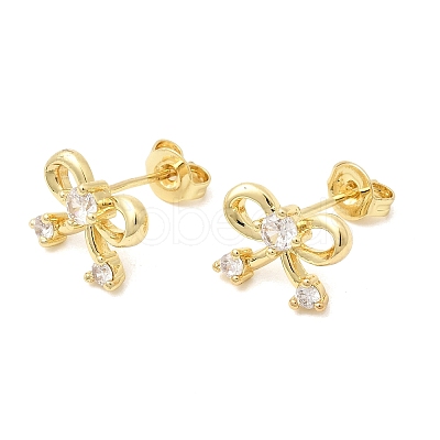 Bowknot Brass Micro Pave Clear Cubic Zirconia Stud Earrings for Women LS-EJEW-G460-03G-1